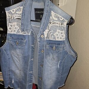 Maurices Light Blue Denim Vest with White Lace